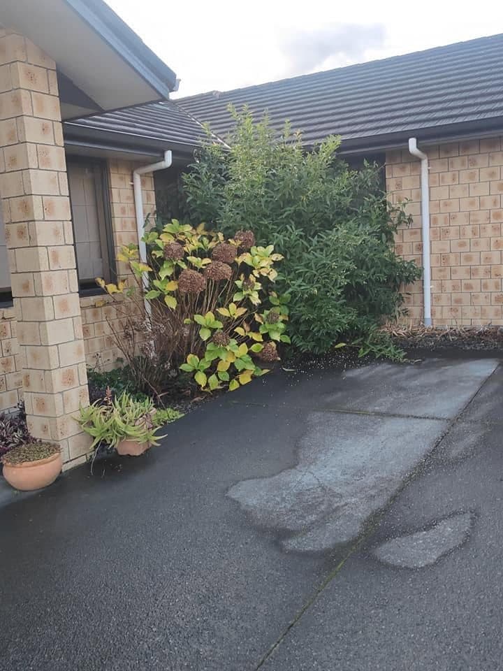 Sealed driveway and entrance path beside planted garden beds at a brick house